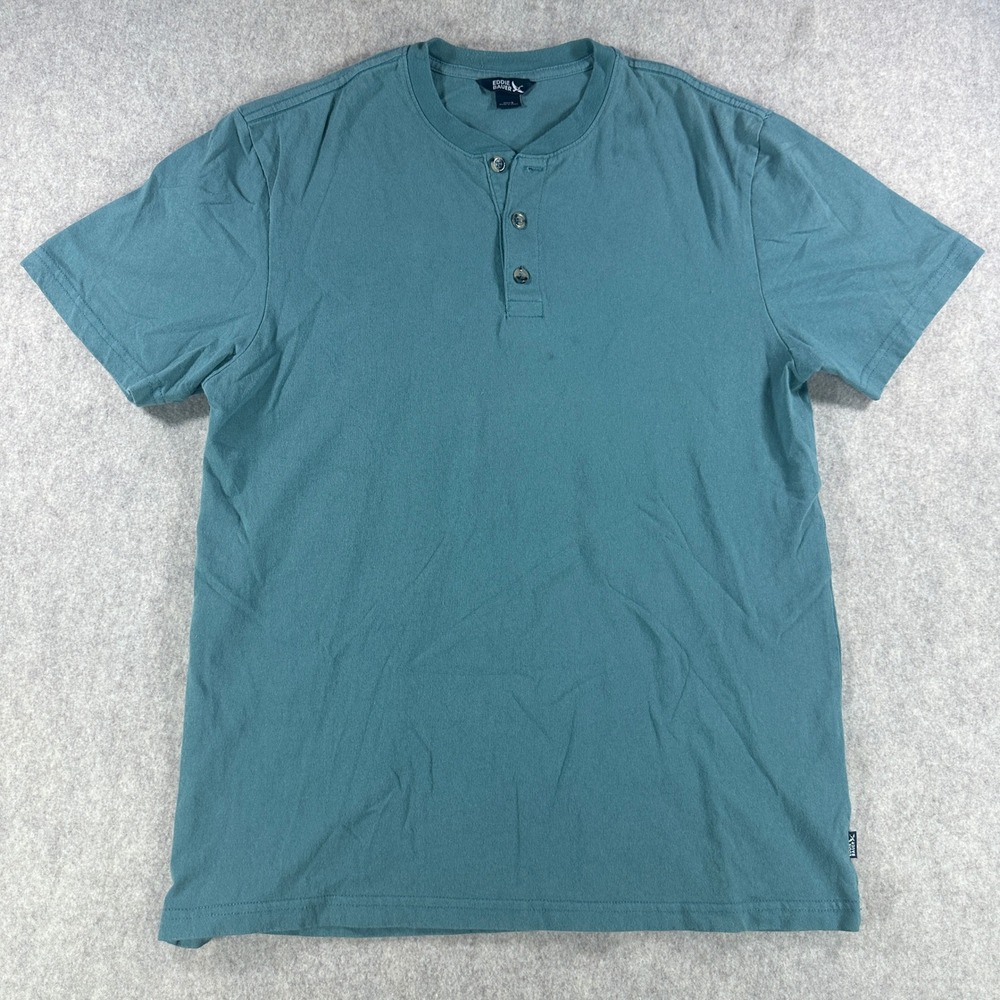 Eddie Bauer Mens Henley Short Sleeve Snap Button Shirt Teal Green Size Small